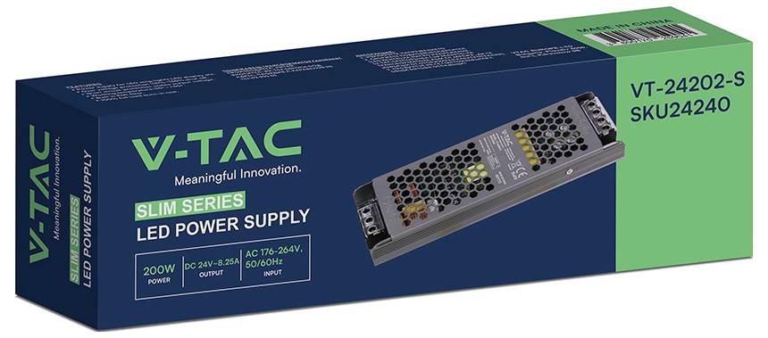 V-TAC Slim Series LED-Stromversorgungsbox, Modell VT-24202-S/SKU24240, zeigt ein 200W Stromversorgungsgerät für LED-Beleuchtung.