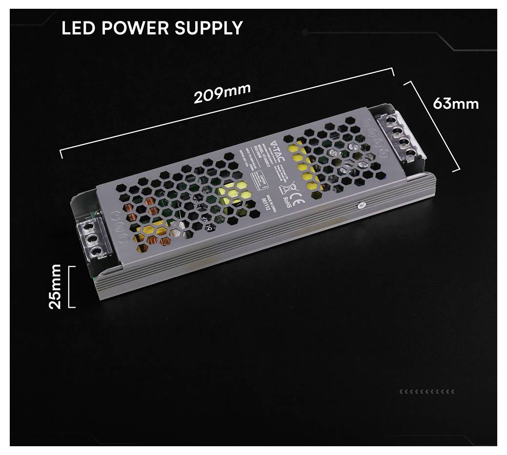 Produktbild eines LED-Netzteils mit perforiertem Metallgehäuse, beschriftet mit den Abmessungen 209 mm Länge, 63 mm Breite und 25 mm Höhe.