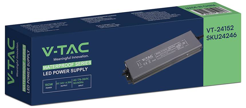 V-TAC wasserdichte LED-Stromversorgungsbox, gekennzeichnet mit "VT-24152" und "SKU24246", zeigt eine 150-W-Treibereinheit.