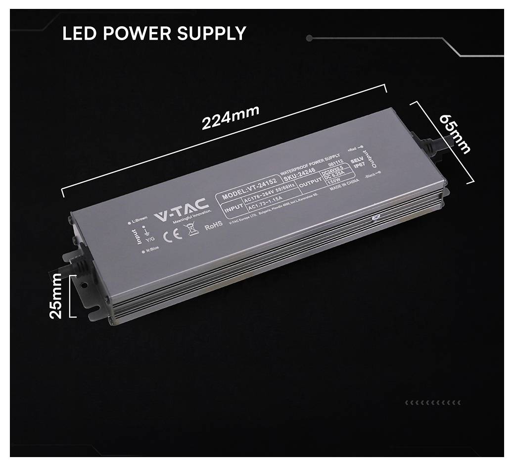 LED-Stromversorgung in perspektivischer Ansicht, gekennzeichnet mit 224mm Länge, 65mm Breite und 25mm Höhe, mit V-TAC-Branding auf schwarzem Hintergrund.