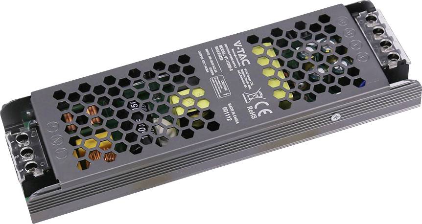 Schwarzes VTAC LED-Netzteil mit Wabenbelüftungsabdeckung und sichtbaren Anschllussklemmen an beiden Enden.