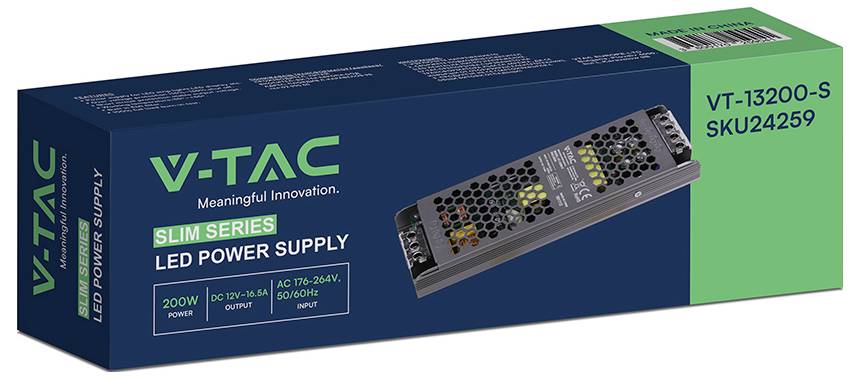 V-TAC Slim-Serie LED-Stromversorgungsbox, gekennzeichnet mit „VT-13200-S SKU24259", mit der auf der Verpackung abgebildeten Metall-Stromversorgungseinheit.