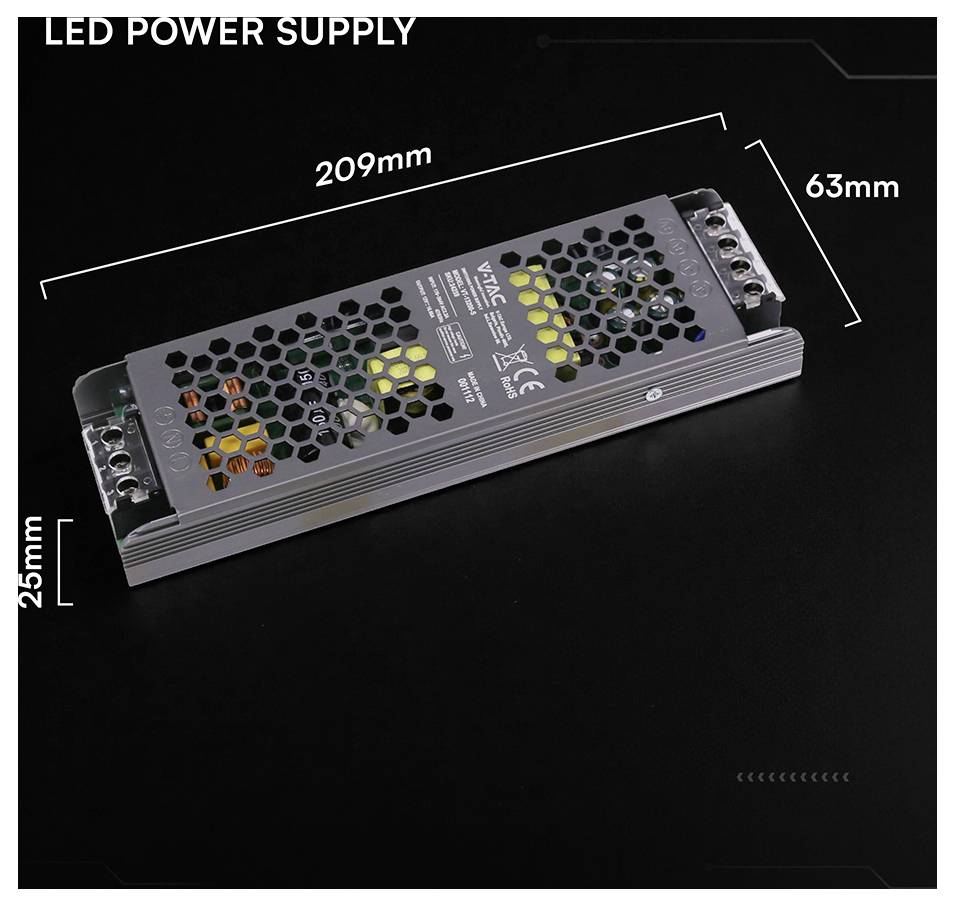 LED-Stromversorgung in einem schwarzen belüfteten Metallgehäuse, mit den angegebenen Abmessungen 209mm lang, 63mm breit und 25mm hoch.