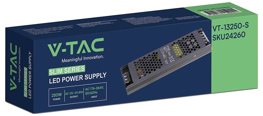 Produktverpackung für VTAC Slim Series LED-Stromversorgung, Modell VT-13250-S SKU24260, mit 250W Ausgangsleistung und einem Bild des Stromversorgungsgeräts.