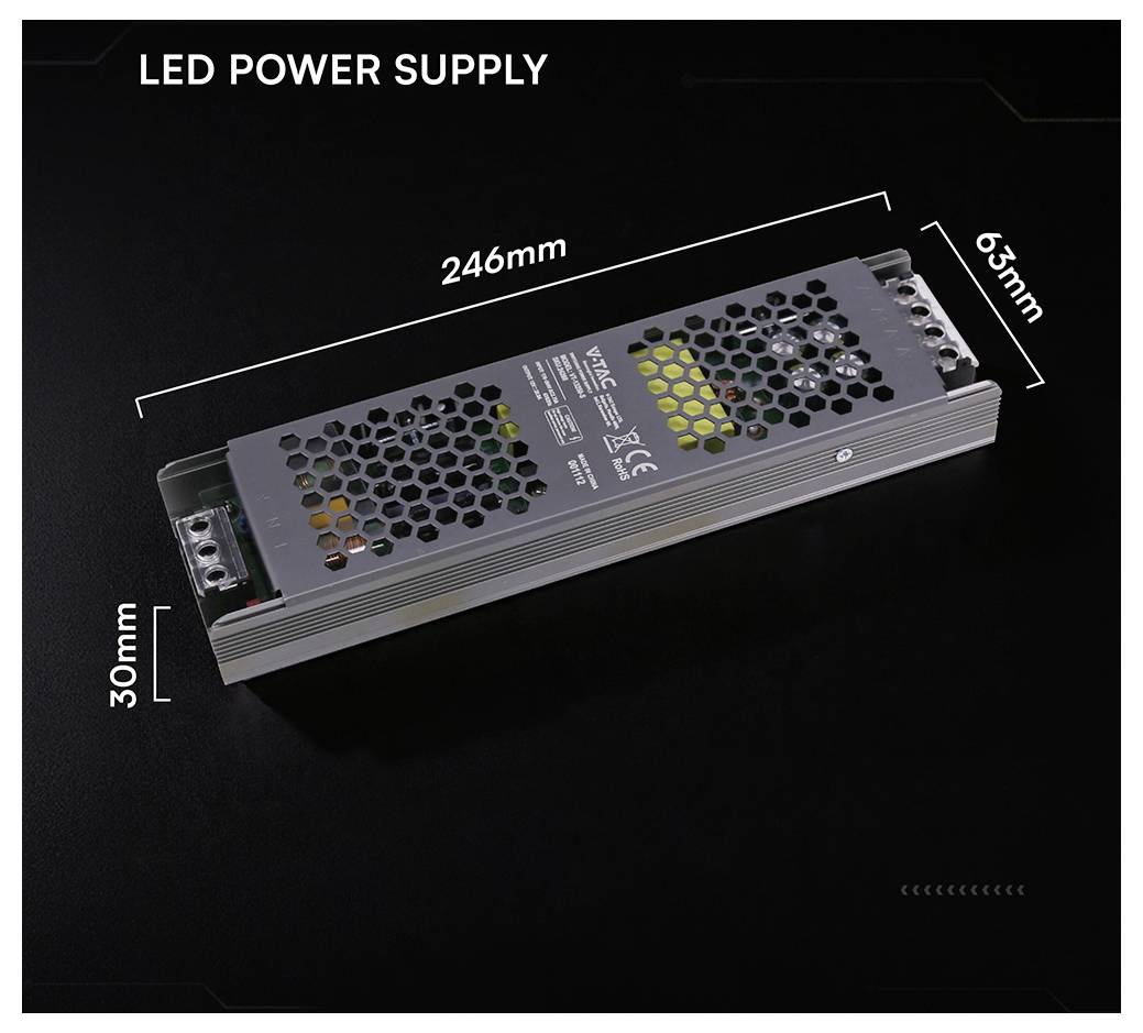 LED-Stromversorgung in Perspektivdarstellung mit gekennzeichneten Abmessungen: 246 mm lang, 63 mm breit und 30 mm hoch.