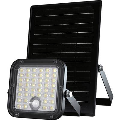 Solarbetriebtes LED-Flutlicht mit Bewegungsmelder, das vor einem Solarpanel montiert ist.