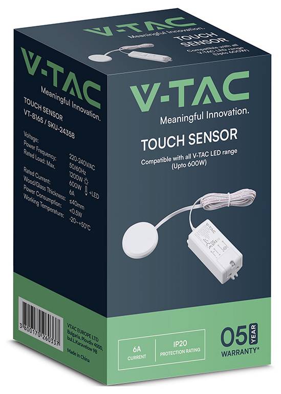 VTAC Touchsensor-Produktbox mit rundem weißem Sensor und verdrahttem Modul, mit technischen Daten und "05 JAHRE GARANTIE" auf der Verpackung.