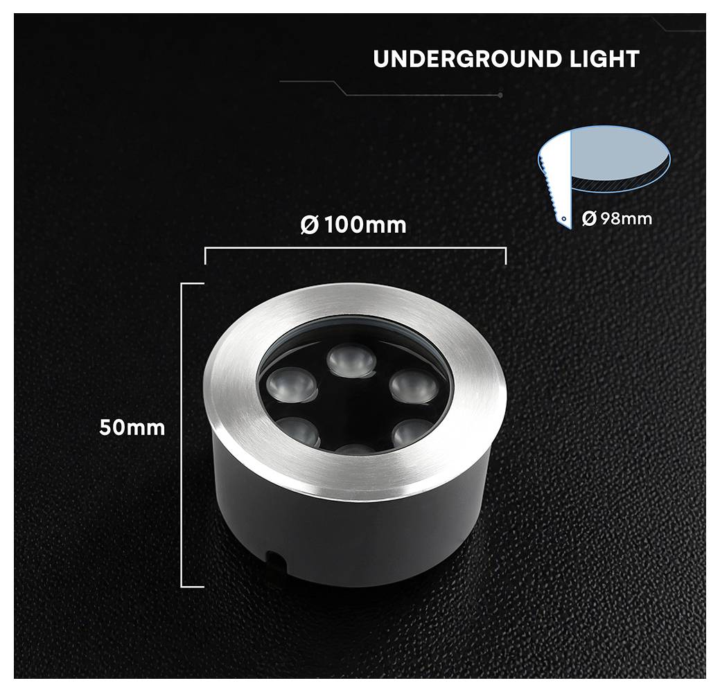 Produktabbildung einer runden Untergrundleuchte mit der Bezeichnung „UNDERGROUND LIGHT", mit den Abmessungen Ø100 mm, 50 mm Höhe und einer Ausschnittgröße von Ø98 mm.