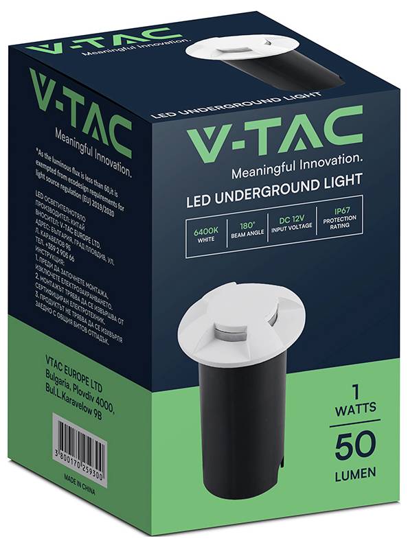 VTAC LED Bodenleuchte Produktverpackung mit 1 Watt, 50 Lumen, 6400K Weiß, 180° Abstrahlwinkel, DC 12V, IP67 Schutzart.