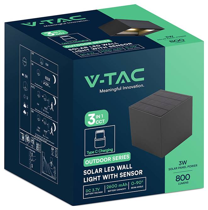 Produktbox für V-TAC Outdoor-Solar-LED-Wandleuchte mit Sensor, mit einem 3W-Solarpanel, 800 Lumen, 2600-mAh-Akku, USB-C-Ladung und 0-90° Abstrahlwinkel.