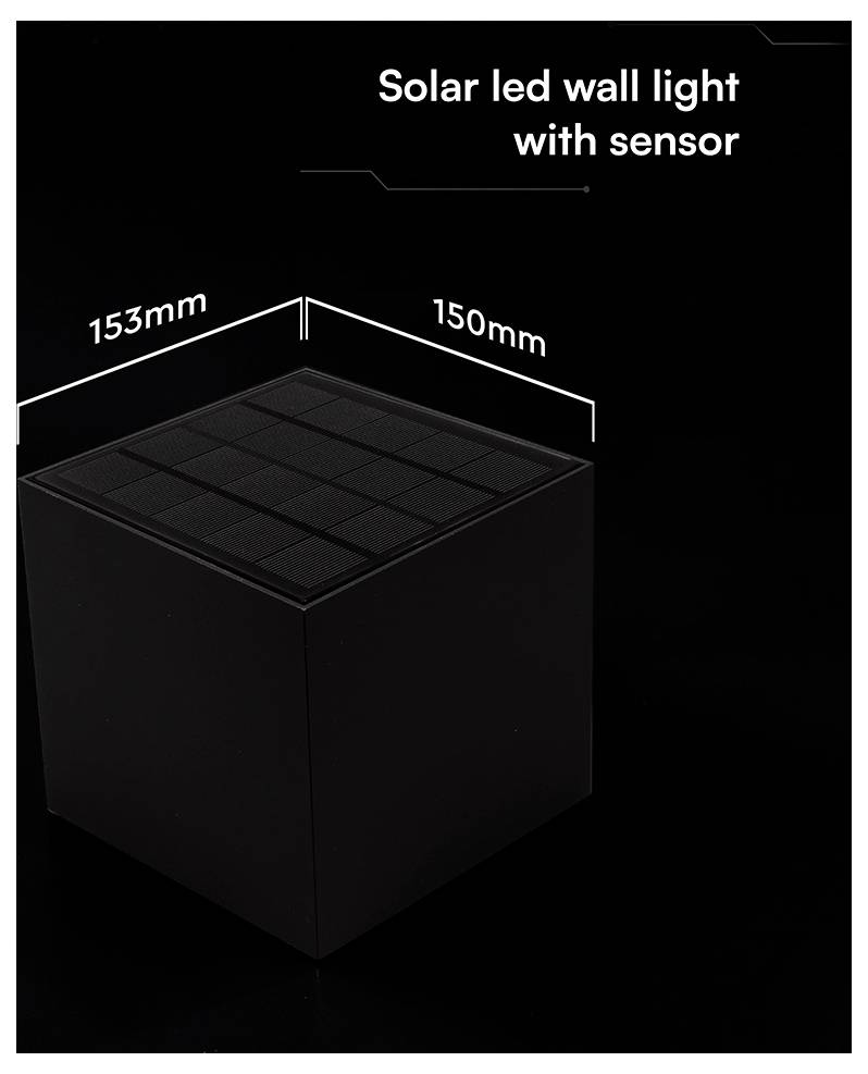 Produktbild einer schwarzen Solar-LED-Wandleuchte mit Sensor, dargestellt als Würfel mit oberem Solarpanel; Abmessungen mit 153 mm und 150 mm gekennzeichnet.