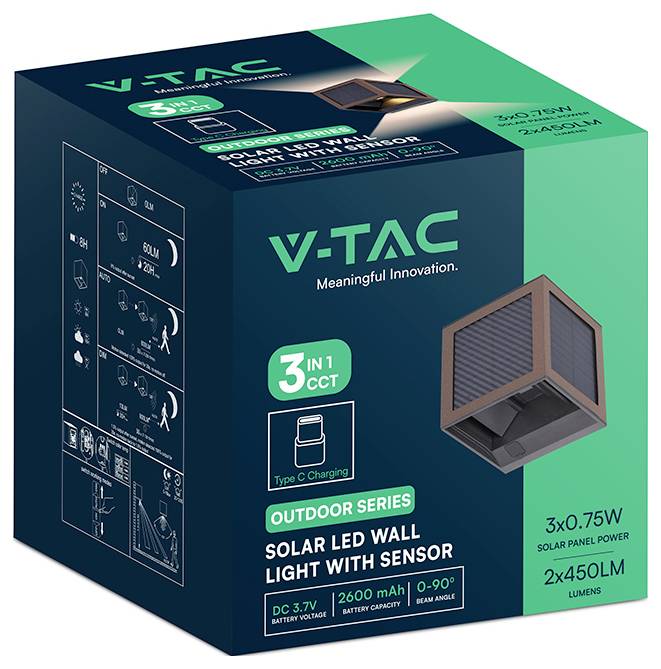 Produktbox für VTAC Outdoor Solar LED Wandleuchte mit Sensor, zeigt '3 in 1 CCT', USB-C Ladeanschluss, 3x0,75W, 2x450LM und 2600mAh Akku.