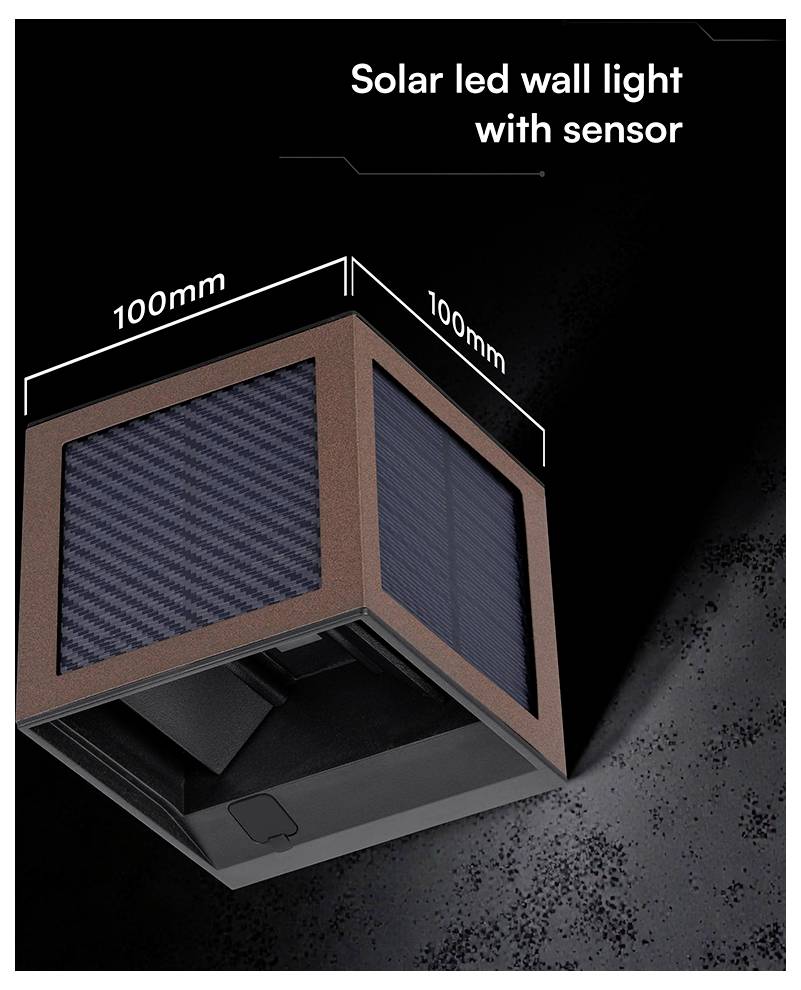 Produktbild einer quadratischen „Solar-LED-Wandleuchte mit Sensor" mit 100 mm Seitenlängen und schwarzer Sensorunterseite auf dunklem Hintergrund.