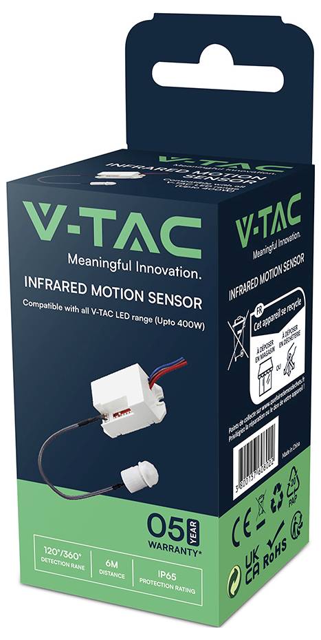 V-TAC Infrarot-Bewegungsmelder Produktkarton, mit der Aufschrift „Meaningful Innovation", mit 120°/360° Erfassungsbereich, 6m Reichweite, IP65-Schutz und 5 Jahren Garantie.