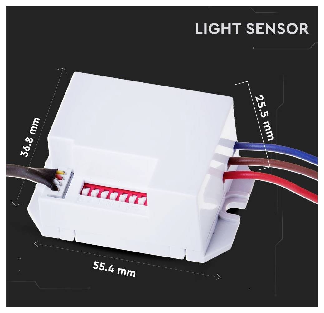 Weißes „LICHTSENSOR"-Modul mit angeschlossenen Kabeln, auf schwarzem Hintergrund gezeigt mit gekennzeichneten Abmessungen von 55,4 mm, 36,8 mm und 25,5 mm.