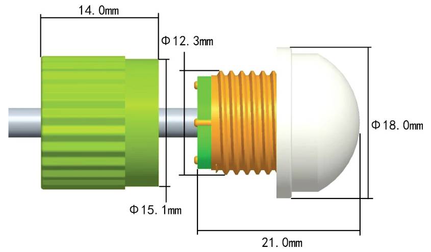 Technische Zeichnung einer Steckerverbindung, Seitenansicht mit gekennzeichneten Abmessungen 14,0 mm, 15,1 mm, 12,3 mm, 18,0 mm und 21,0 mm.