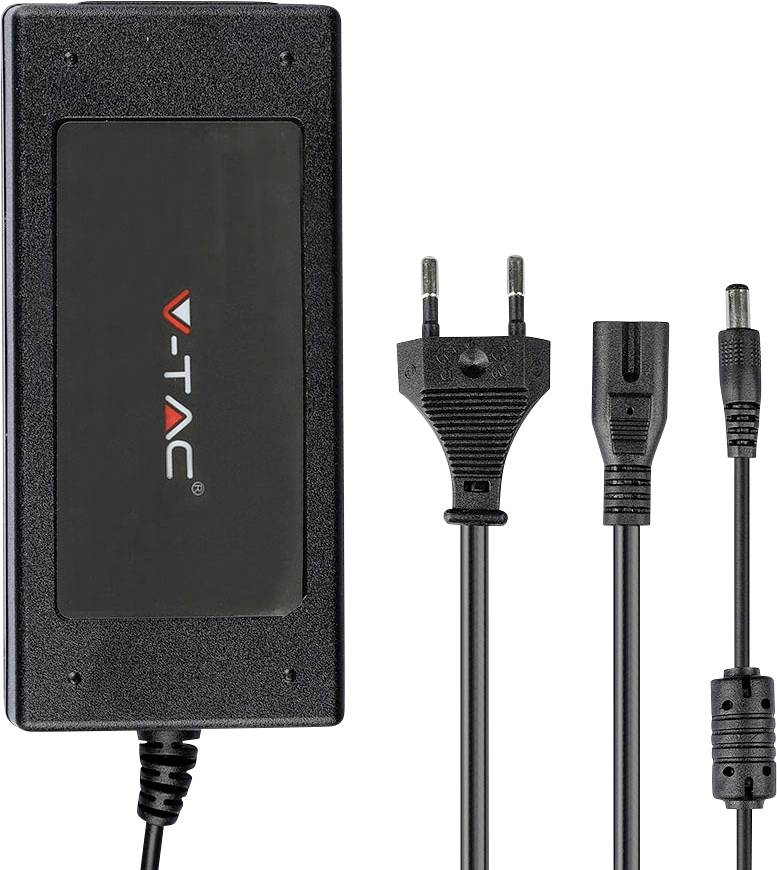 Schwarzer V-TAC-Netzadapter mit europäischem Stecker und angebrachtem Ausgangskabel, gezeigt mit austauschbaren Steckerkontakten.