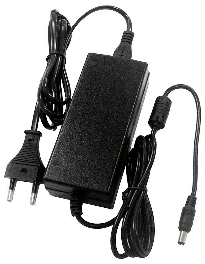 Schwarzer Wechselstromadapter mit gewickeltem Kabel, europäischem Zweipolstecker und Hohlstecker zum Betreiben elektronischer Geräte.