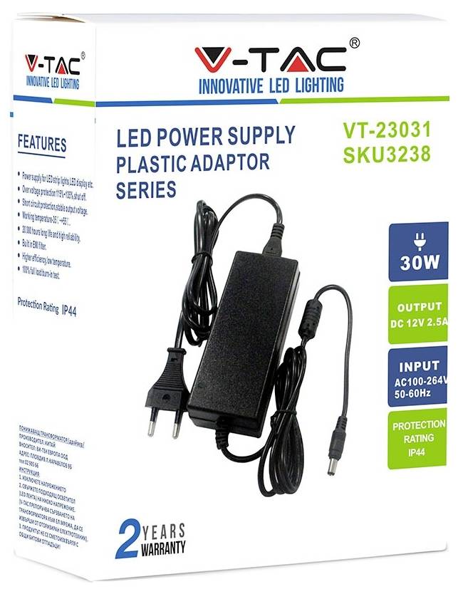 VTAC LED Stromversorgung Kunststoff-Adapterkabel mit schwarzem Adapter; Etiketten zeigen 30W, Ausgang DC 12V 2,5A, Eingang AC 100-264V, IP44, 2-Jahr-Garantie.