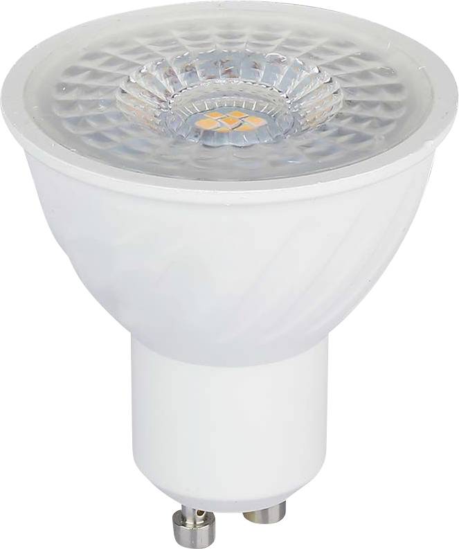 LED-Spotlightbirne mit mattem kegelförmigem Gehäuse und klarer facettierter Linse, gezeigt auf weißem Hintergrund.