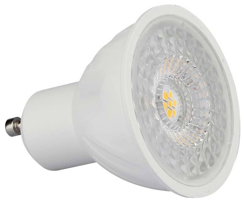 LED-Spotlightbirne mit klarer, facettierter Linse und Schraubsockel, vor weißem Hintergrund abgebildet.