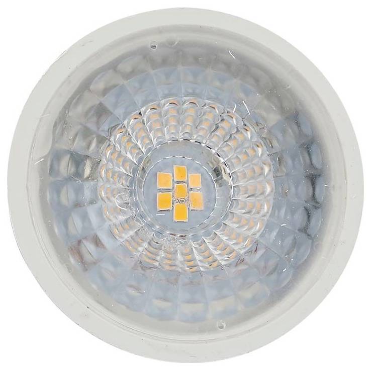 Nahaufnahme einer runden LED-Spotlicht-Glühbirne mit klarer facettierter Linse und orangefarbenen LED-Chips in der Mitte.