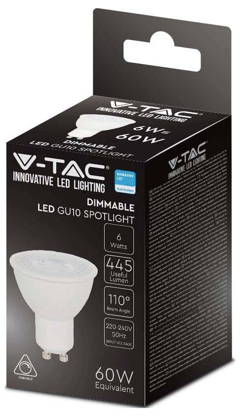 Packung mit V-TAC dimmbaren LED-GU10-Spotlightbirnen, 6 Watt, 445 Lumen, 110° Abstrahlwinkel, 220-240V, 60W-Äquivalent.