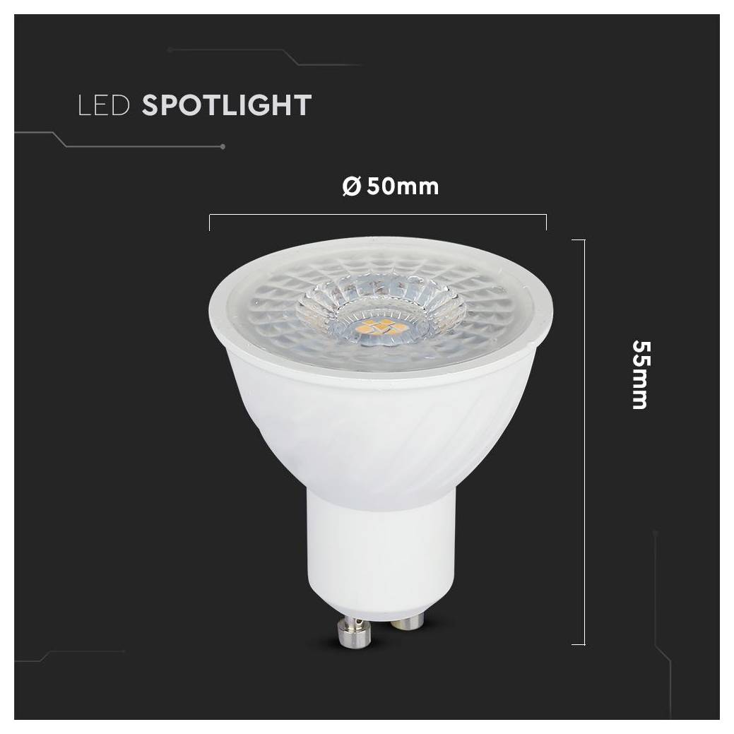 Produktbild einer LED-Spotlicht-Glühbirne mit der Bezeichnung „LED SPOTLIGHT", die Größenabmessungen von Ø50mm und 55mm zeigt.