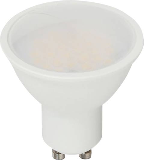 Weiße LED-Spotlightlampe mit breitem Reflektor und zwei metallischen Basispins, gezeigt auf einfachem Hintergrund.