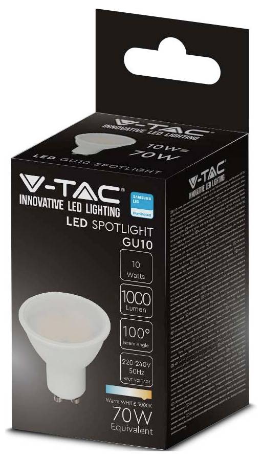 Schwarze V-TAC LED-Spotlicht-Glühbirnen-Verpackung mit den Aufschriften „LED Spotlight GU10", „10W", „1000 Lumen" und „70W Äquivalent".