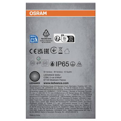OSRAM LEDVANCE Verpackungsrückseite mit Recycling-, Compliance- und Entsorgungssymbolen, Produktname, IP65-Bewertung, Unternehmenskontaktdaten und mehrsprachigen Sicherheitsinformationen.