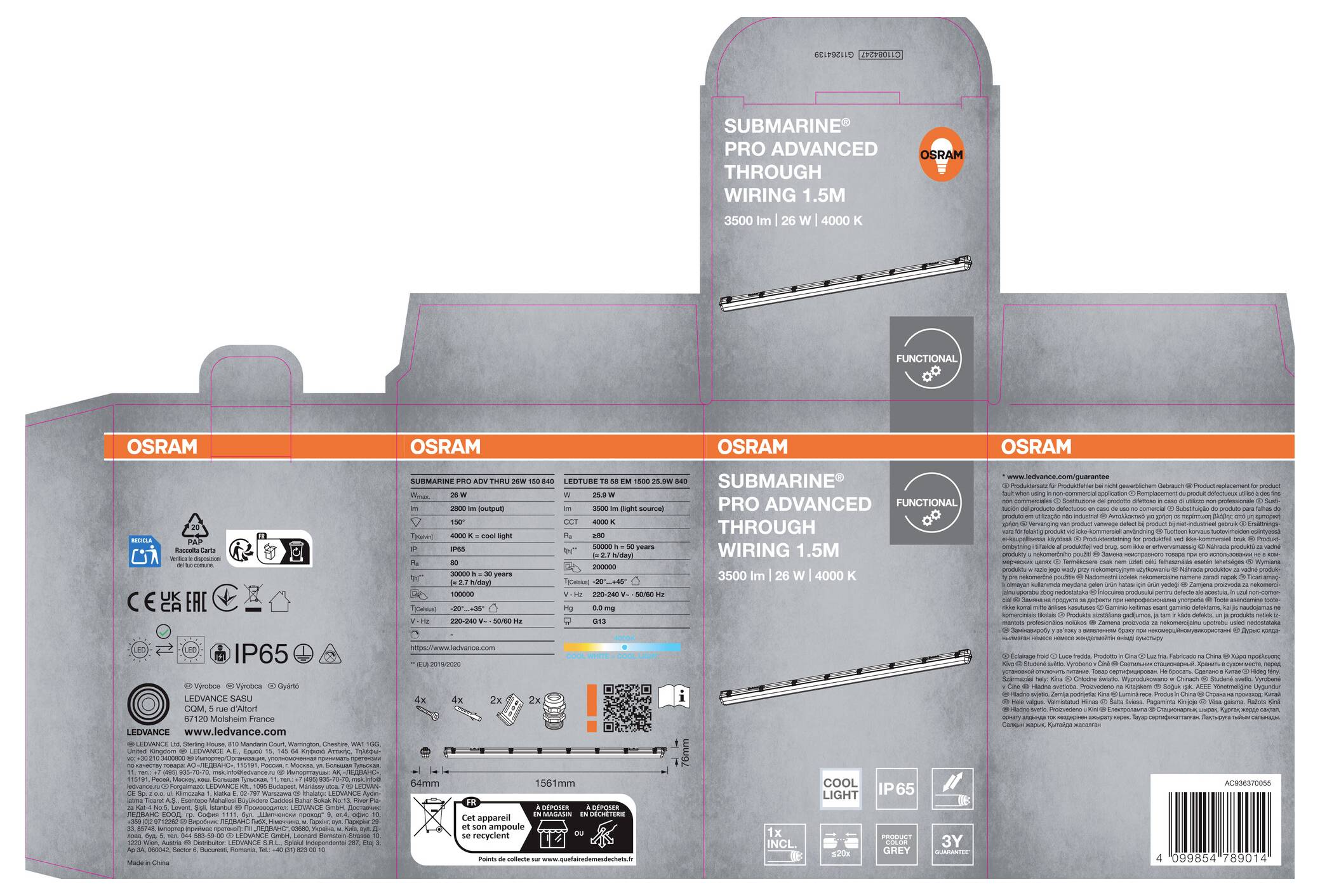 OSRAM Produktverpackung für ein Submarine Pro Advanced Through Wiring 1.5M LED-Licht, flach angezeigt mit Spezifikationen, Symbolen, Barcode und Produktbildern.