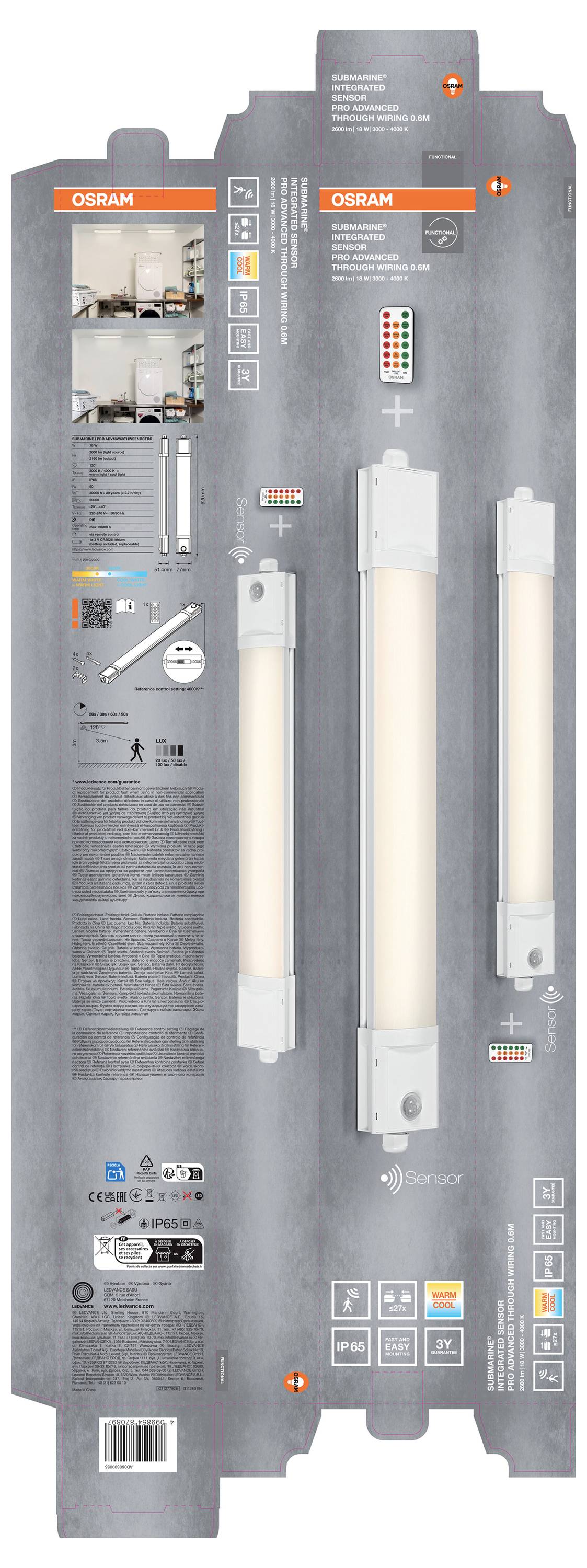 Verpackungs-Druckvorstufe für OSRAM LED-Röhren, zeigt Vorder- und Rückseiten mit Produktfotos, Spezifikationen, Symbolen und Barcodes.