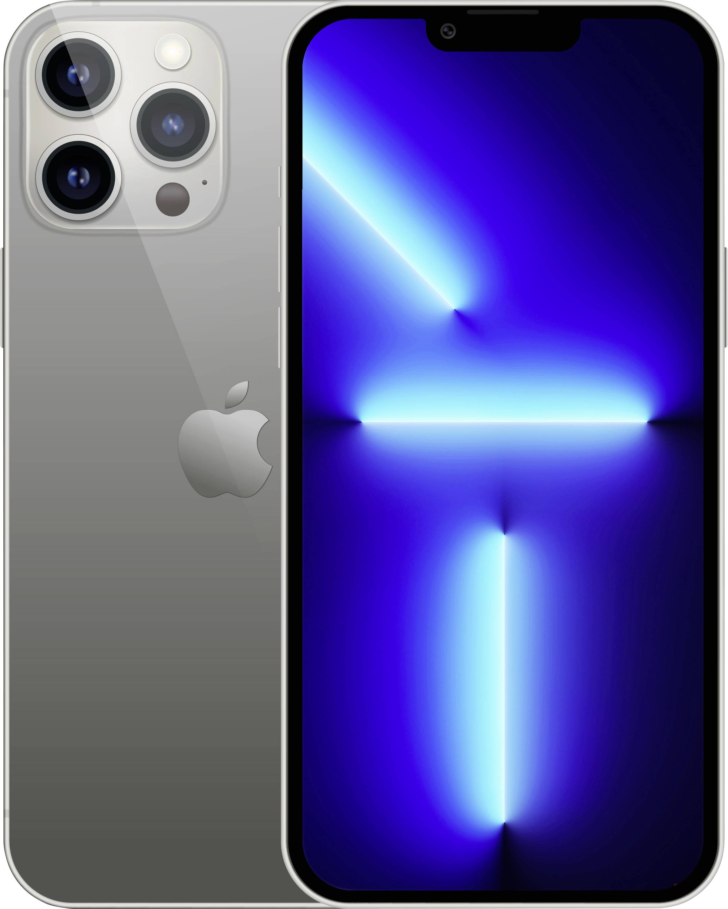 Vorder- und Rückansicht eines silbernen iPhones mit dreifach Rückkameras und einem blauen abstrakten Glühen-Hintergrund auf dem Bildschirm.