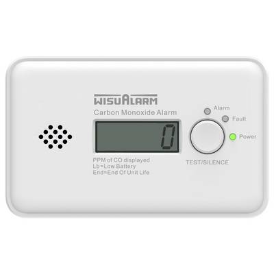 Weiße WISUALARM-Kohlenmonoxid-Melder mit digitaler Anzeige, die 0 anzeigt, Test-/Stummschaltungsschalter sowie Betriebs-, Alarm- und Fehlerindikatoren.