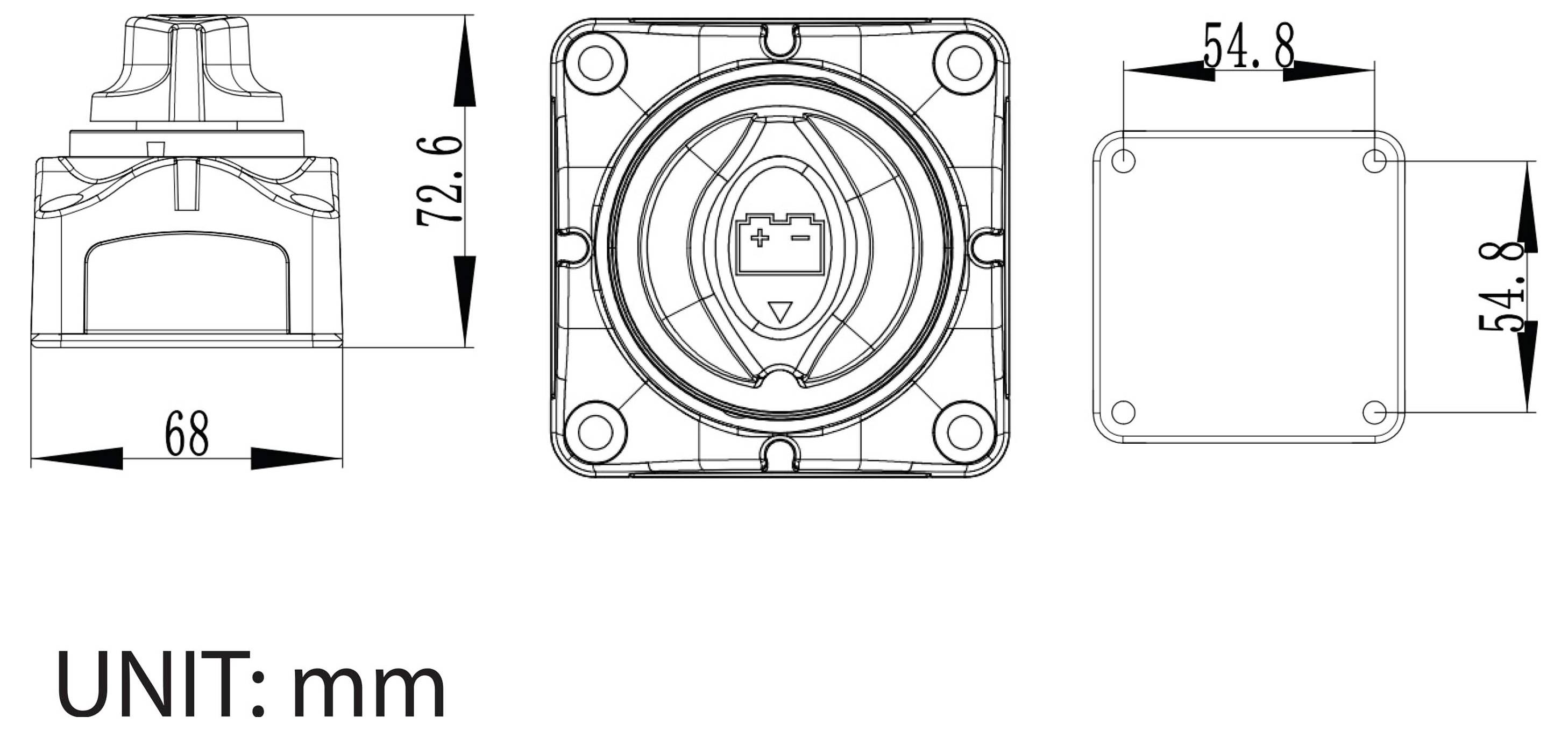 Technische Zeichnung eines quadratischen Geräts in drei Ansichten mit Abmessungen in Millimetern: 68 mm breit, 72,6 mm hoch und 54,8 mm Quadrat.