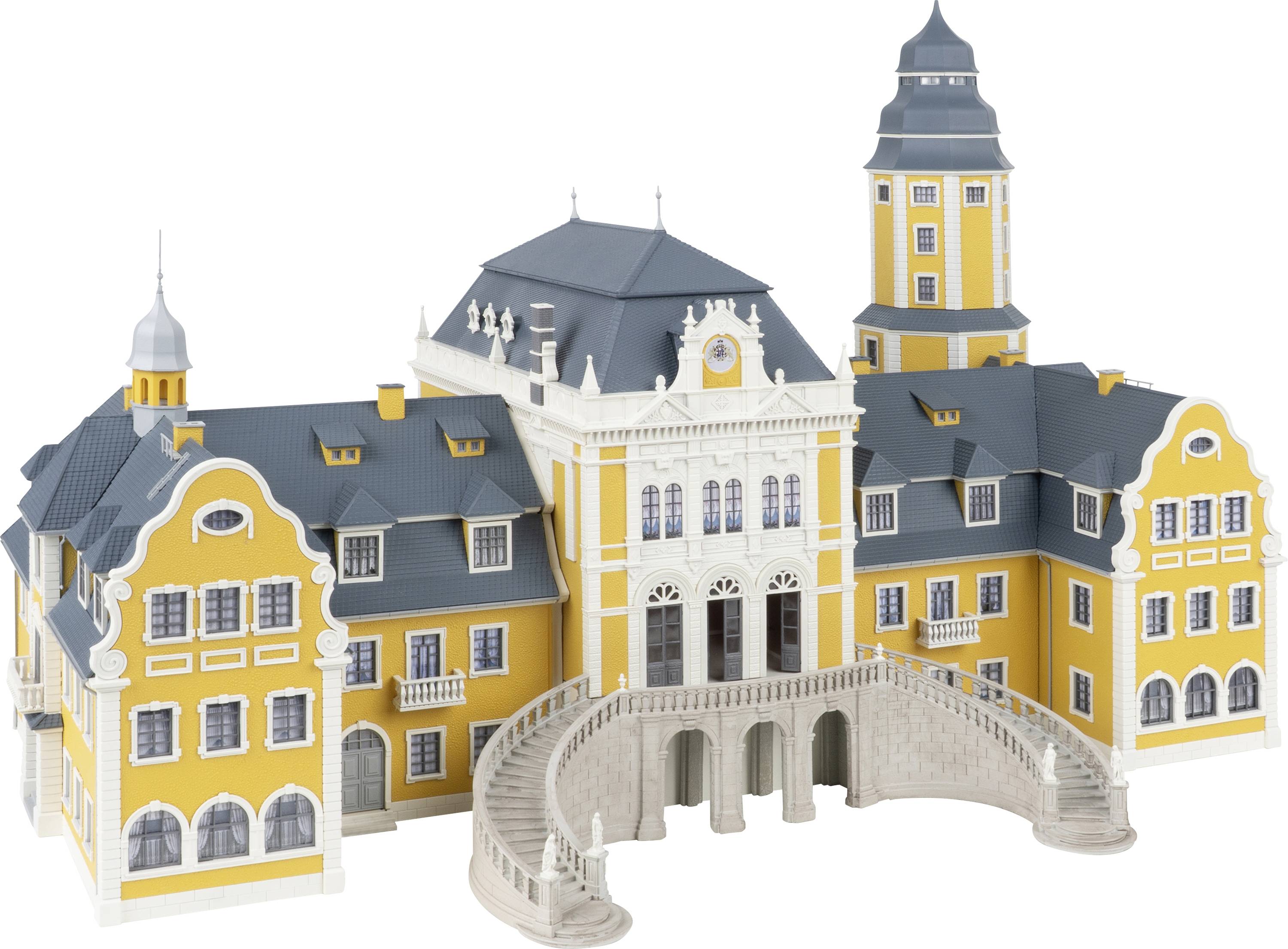 Illustration eines prunkvollen gelb-weißen historischen Palastes oder Schlosses mit einer zentralen Treppe, Türmen und einem Mansarddach.