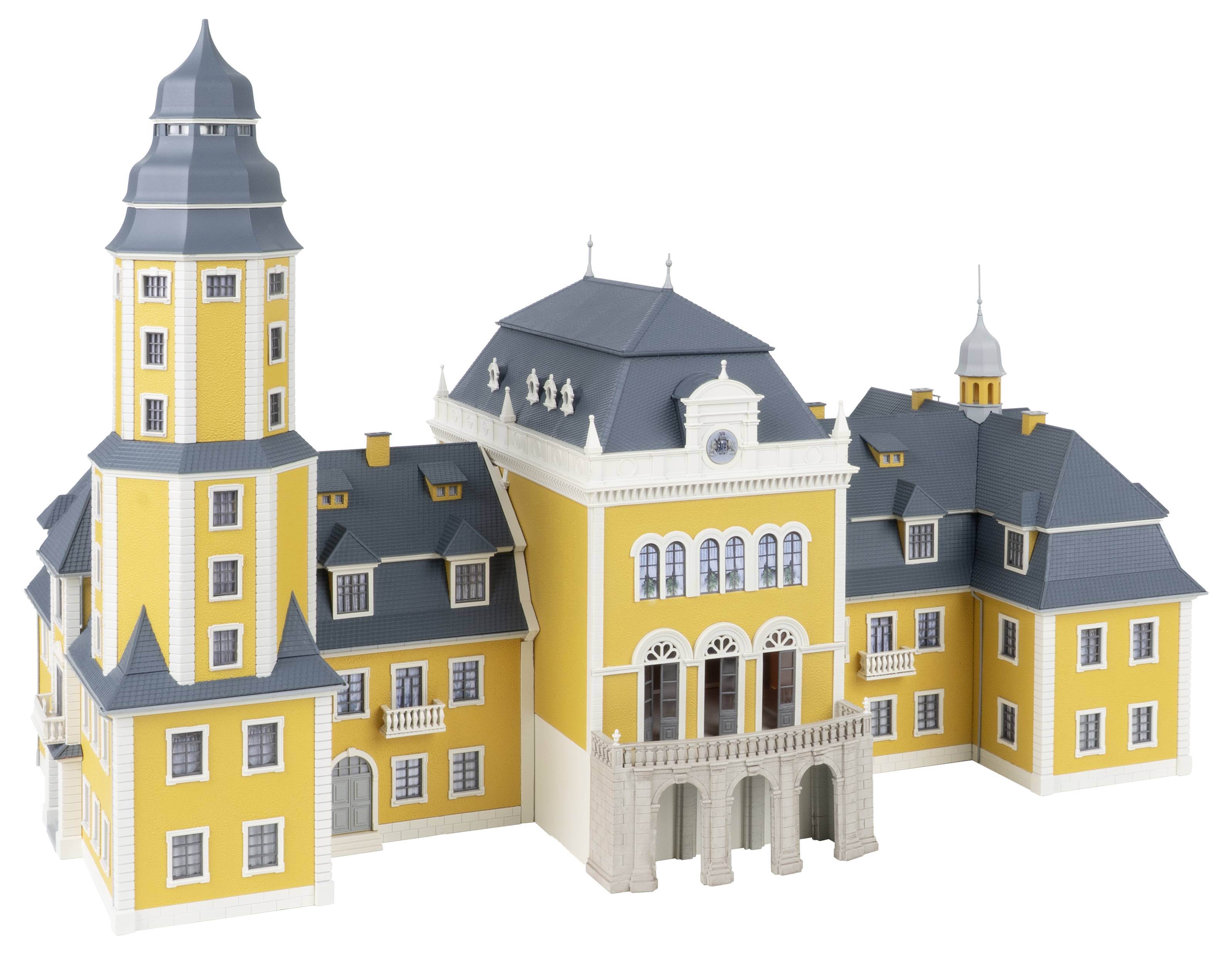 Illustration eines gelben und grauen schlossartigen Gebäudekomplexes mit einem hohen Turm und zentralem Bogeneingangauf weißem Hintergrund.