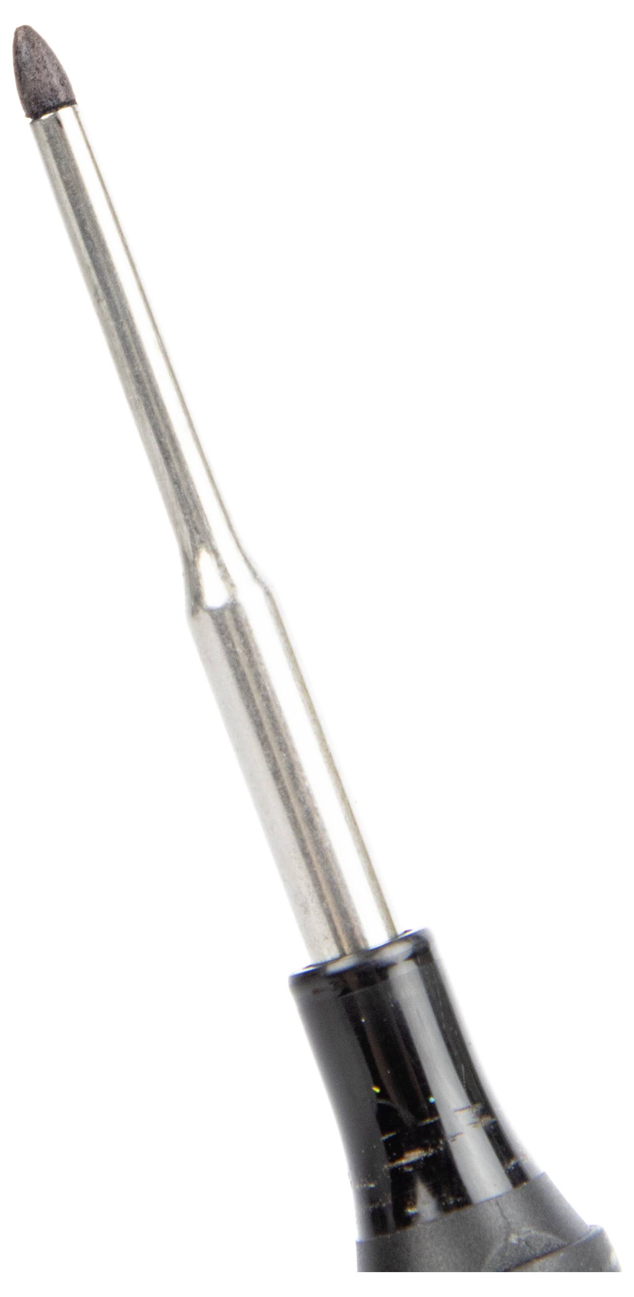 Nahaufnahme eines kleinen spitzen Pinsel-Applikators mit metallischem Griff und schwarzer Basis auf weißem Hintergrund.