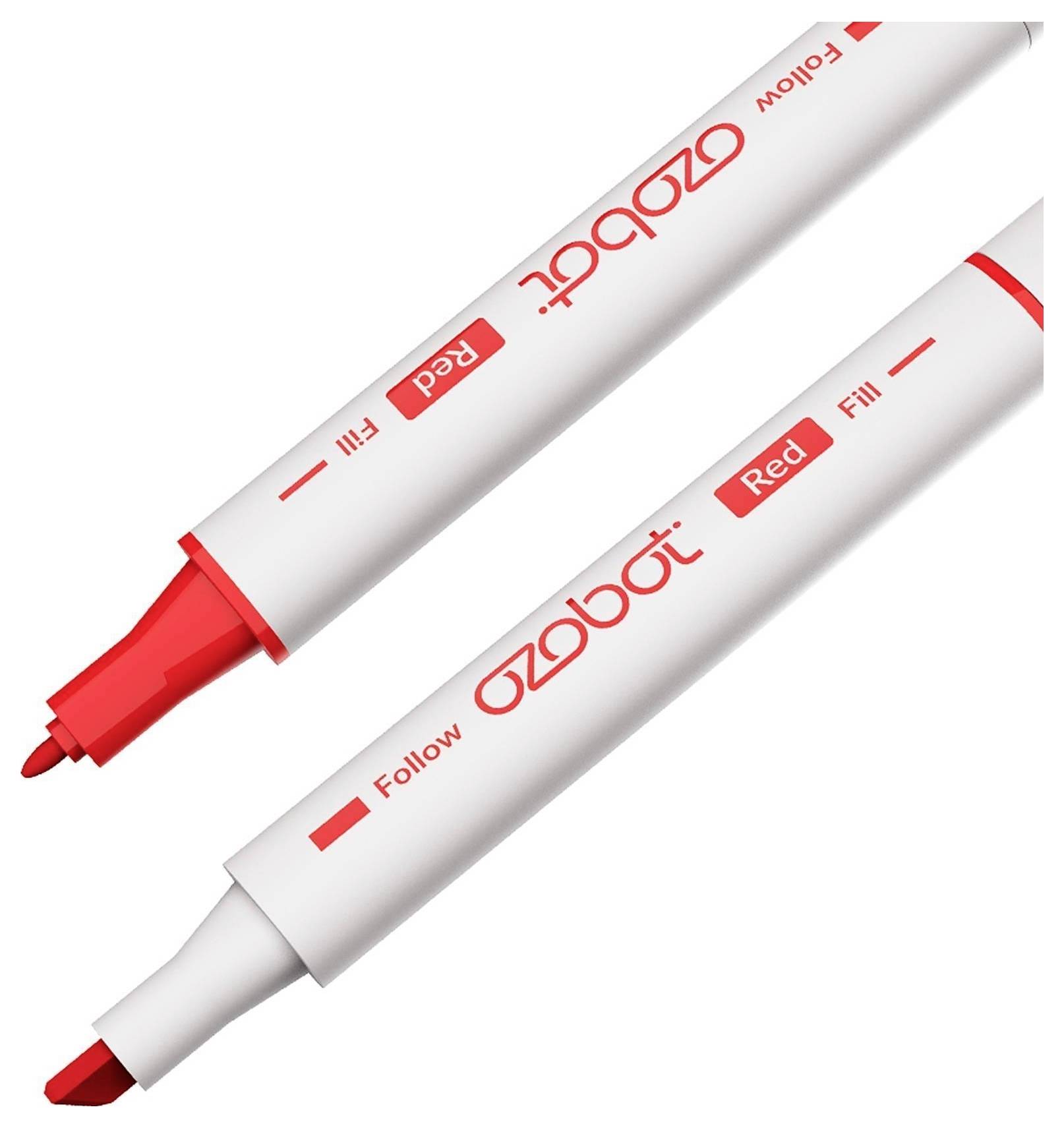 Zwei weiße und rote zweiseitige Filzstiftmarker mit der Bezeichnung "ozobot", diagonal auf weißem Hintergrund angezeigt.