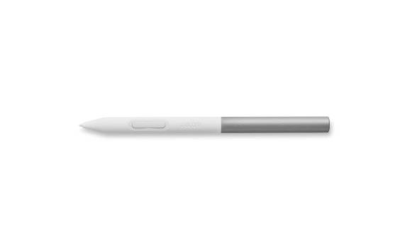 Ein weiß-grauer Stift liegt horizontal auf einem einfachen weißen Hintergrund.