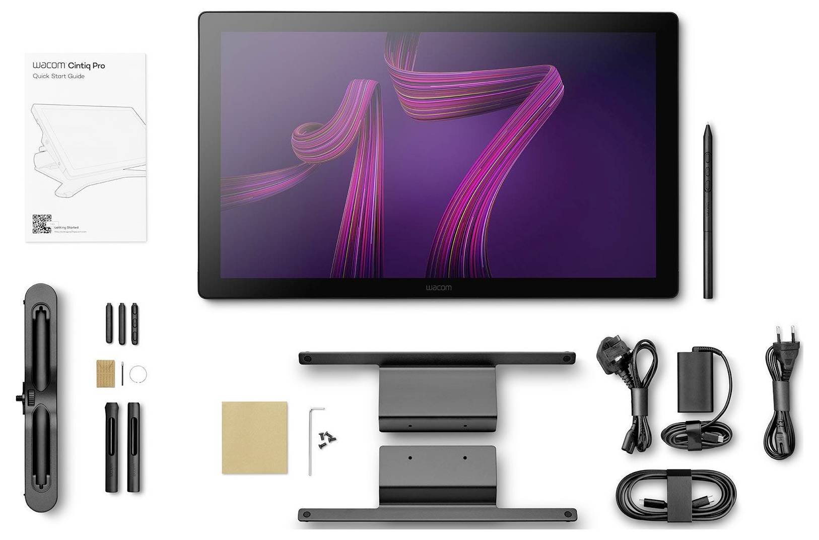 UGCIntiq Pro Pen-Display-Kit mit Tablet, Stift, Ständer, Kabeln, Stiftkappen, Handschuhen und Anleitung auf weißem Hintergrund angeordnet.