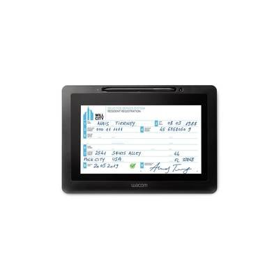 Ein schwarzes Wacom-Stiftdisplay zeigt ein Anmeldeformular für Bewohner mit handschriftlichen Einträgen für eine Person namens Tierney und eine Adresse in Polk City, USA.