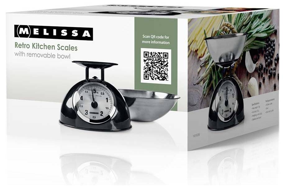 Melissa Retro-Küchenwaage mit abnehmbarer Schüssel und QR-Code auf der Verpackung, dargestellt als Produktbox-Abbildung.