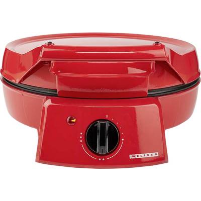 Rotes Kontaktgrill oder Sandwichmaker mit schwarzem Temperaturregler und "MELISSA"-Logo auf der Vorderseite.