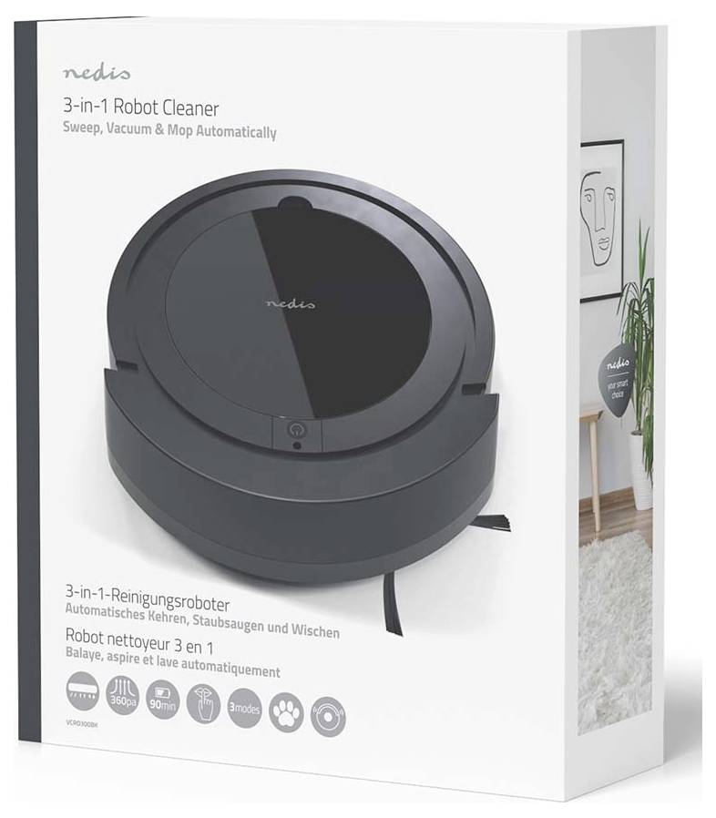 Karton für nedi 3-in-1 Roboter-Reiniger mit schwarzem rundem Roboterstaubsauger, der automatisch kehrt, saugt und wischt.