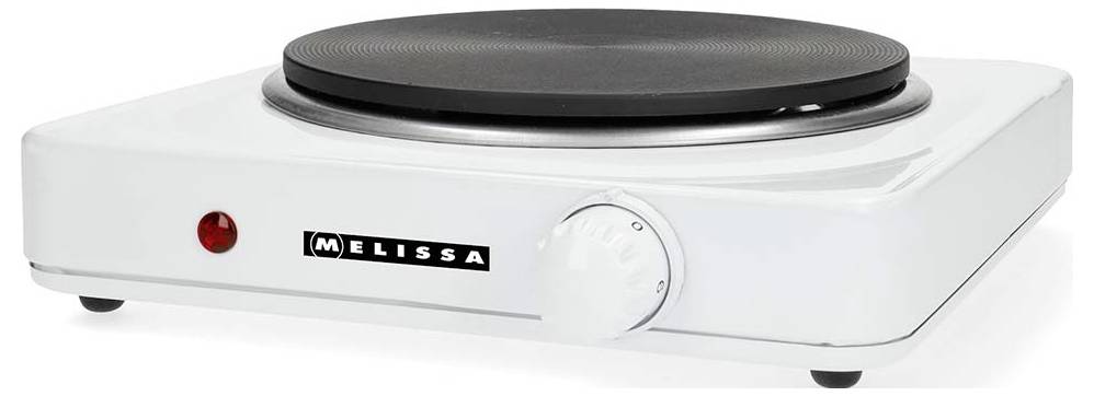 Weiße elektrische Kochplatte mit einzelnem Kochfeld und schwarzer Heizplatte, Bedienregler an der Vorderseite, rote Kontrollleuchte und "MELISSA"-Logo.