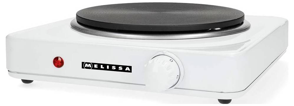 Weiße Melissa Elektrokochplatte mit einzelnem Kochfeld und schwarzer Heizplatte sowie vorderem Temperaturregler, dargestellt auf weißem Hintergrund.