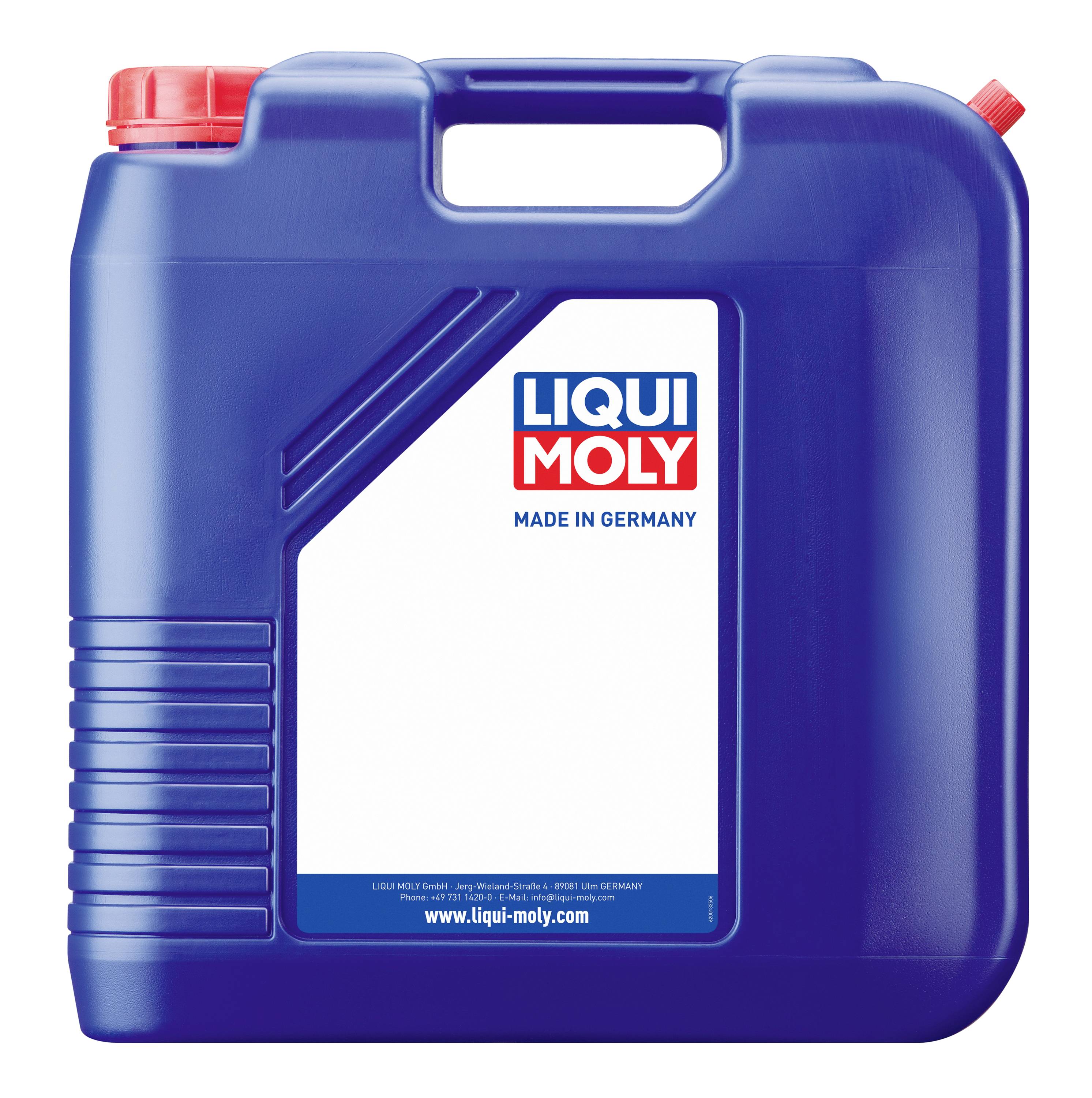 Blauer Liqui Moly Motorölbehälter mit roter Kappe und Griff, beschriftet mit „LIQUI MOLY" und „MADE IN GERMANY".