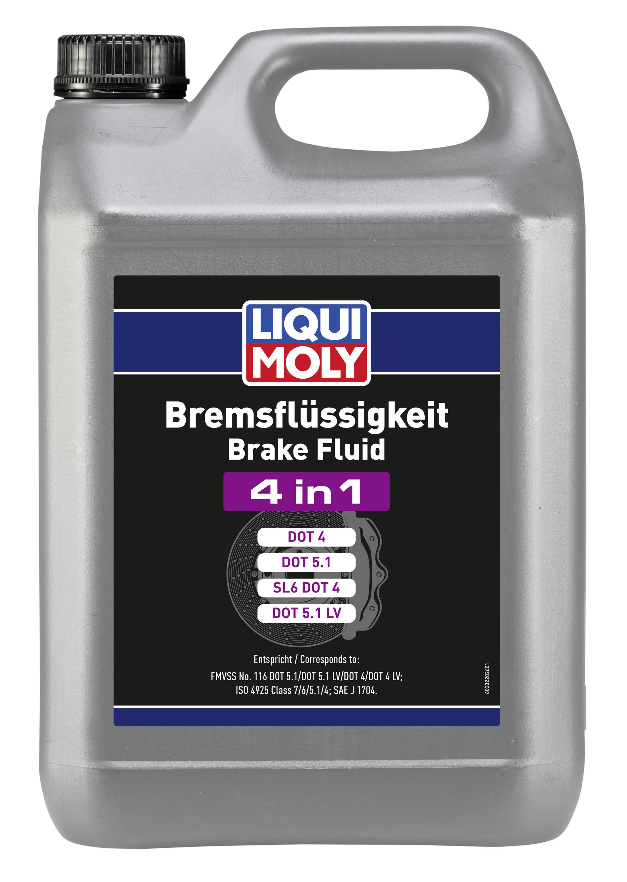 Ein grauer LIQUI MOLY-Bremsflüssigkeitsbehälter mit der Bezeichnung „Bremsflüssigkeit Brake Fluid 4 in 1", kompatibel mit DOT 4, DOT 5.1, SL6 DOT 4 und DOT 5.1 LV.